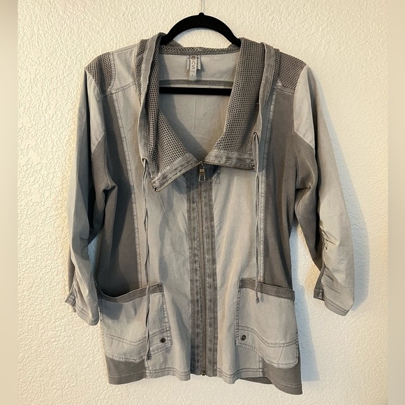 XCVI Lightweight Full Zip Jacket Women's L Gray 3/4 Sleeve Bomber Mesh Cowl - Picture 1 of 5